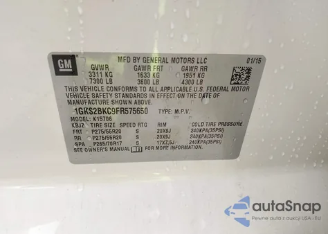 2015 GMC Yukon Slt z USA, uszkodzony, nr VIN 1GKS2BKC9FR575650